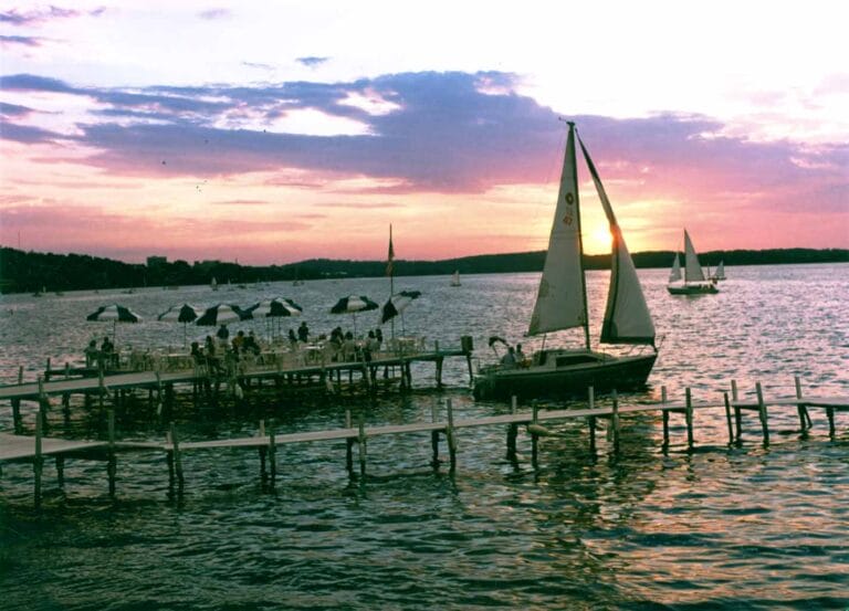 Sailboat in front of The Edgewater Pier