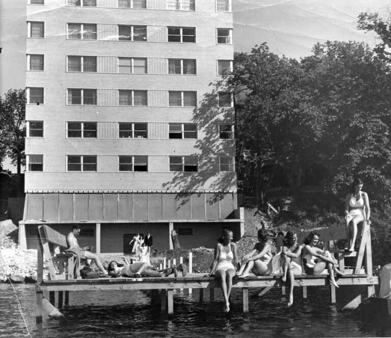 View of The Edgewater Hotel in the 1950s - People Hanging out on the pier