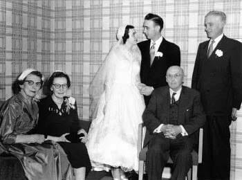 Bride and Groom with Guests at The Edgewater Hotel in the 1950s