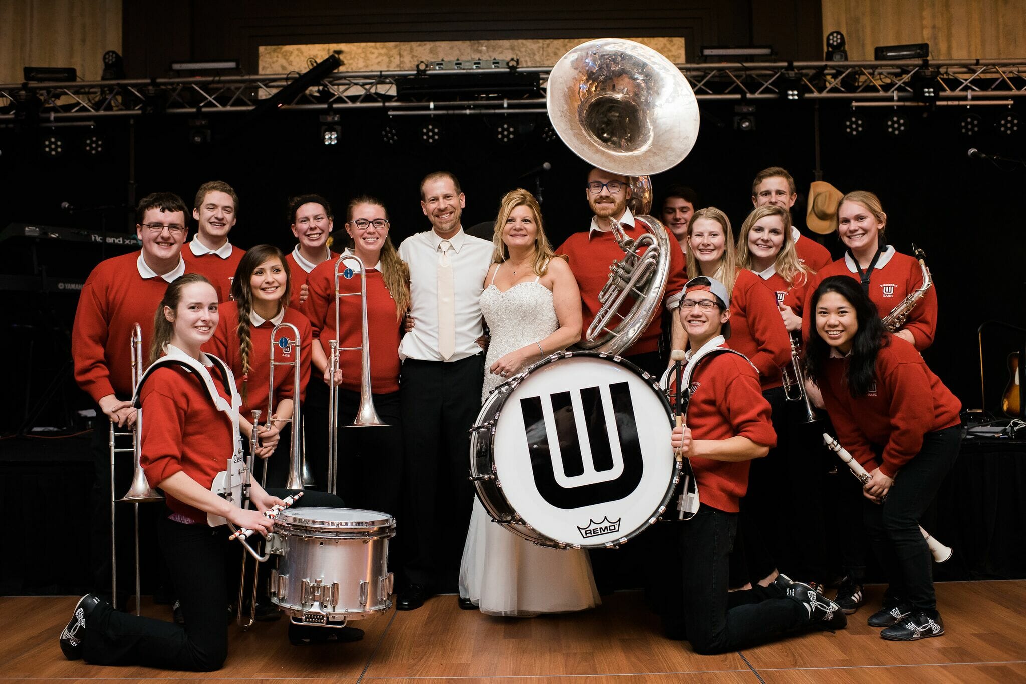 Bride and Groom with Wisconsin Marching Band