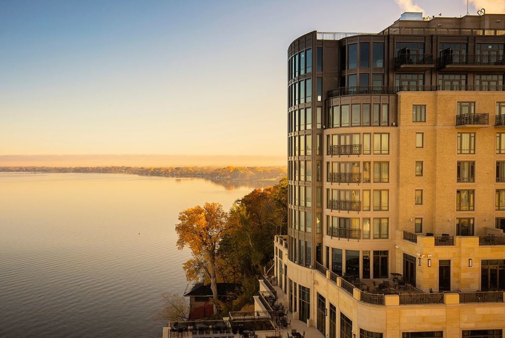 View of The Edgewater Hotel and Lake Mendota in Fall