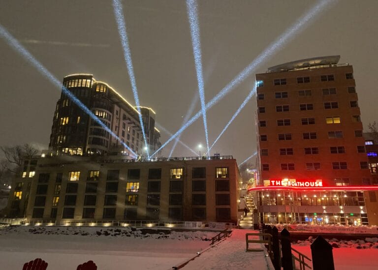 The Edgewater lit up at night during the winter