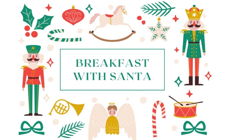 Colorful holiday-themed illustration featuring nutcrackers, a rocking horse, candy canes, and the text 