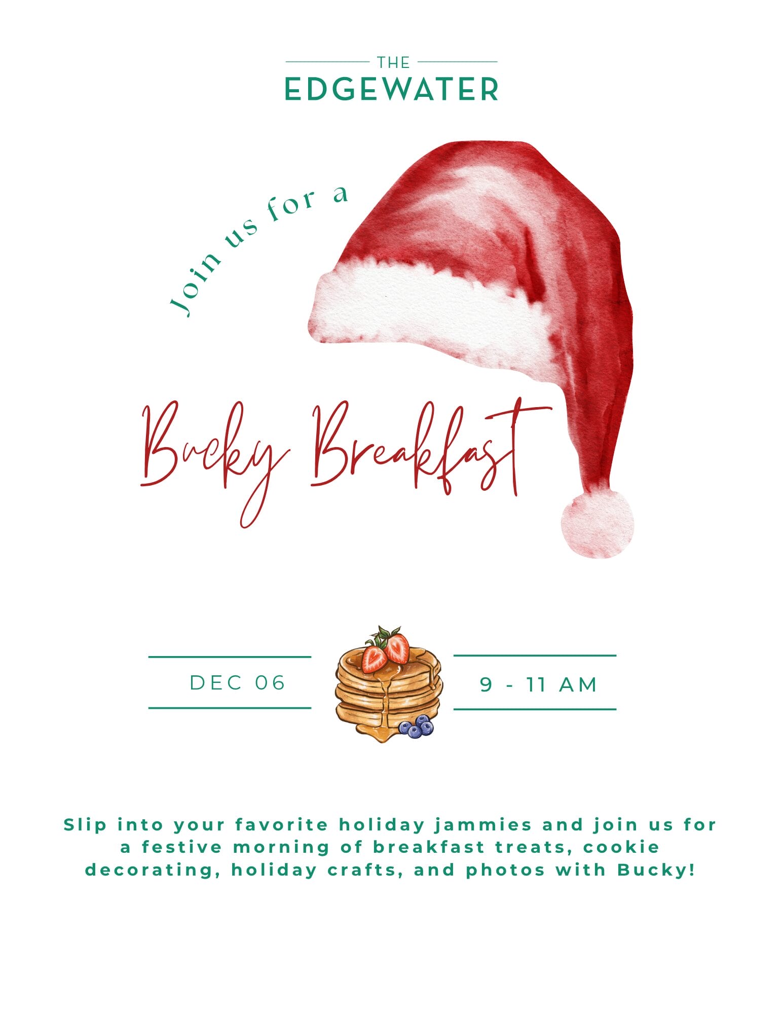 Festive invitation for Bucky Breakfast at The Edgewater, featuring a Santa hat and pancakes with strawberries and blueberries.