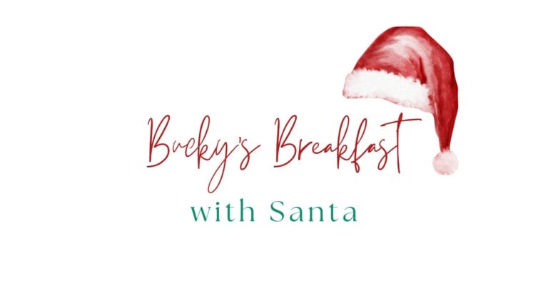 Bucky's Breakfast with Santa text design featuring a festive red and white Santa hat illustration.