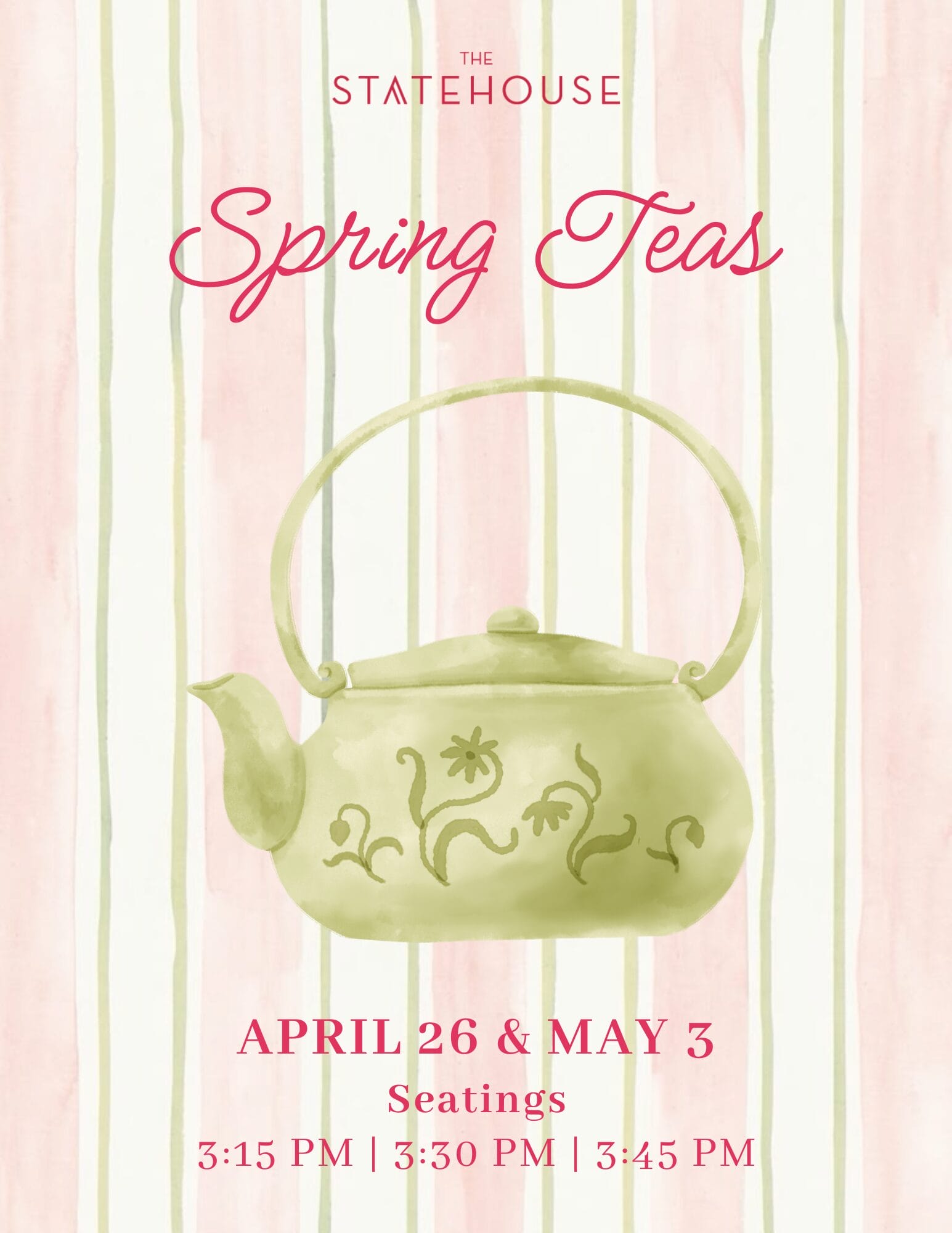Spring Teas event poster featuring a decorative green teapot on a pastel striped background with event details.