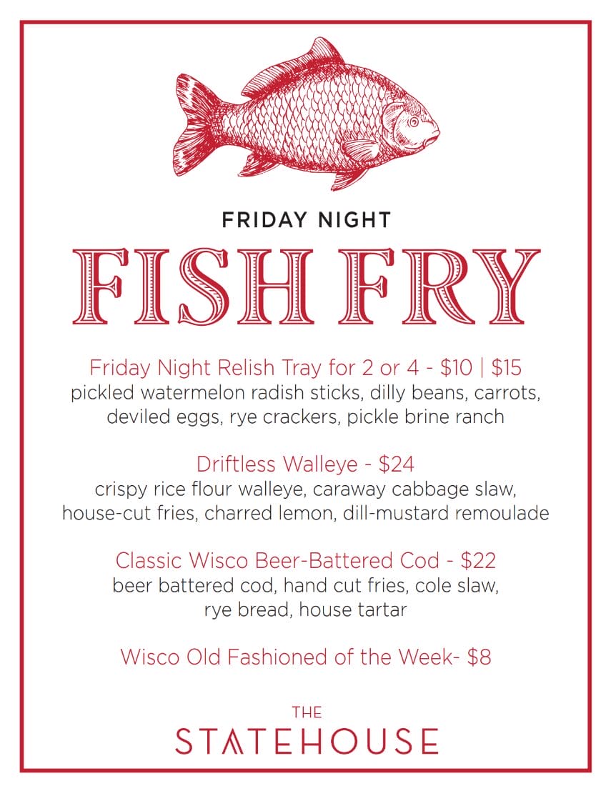 Friday Night Fish Fry menu featuring various dishes and prices, highlighted by a red fish illustration.