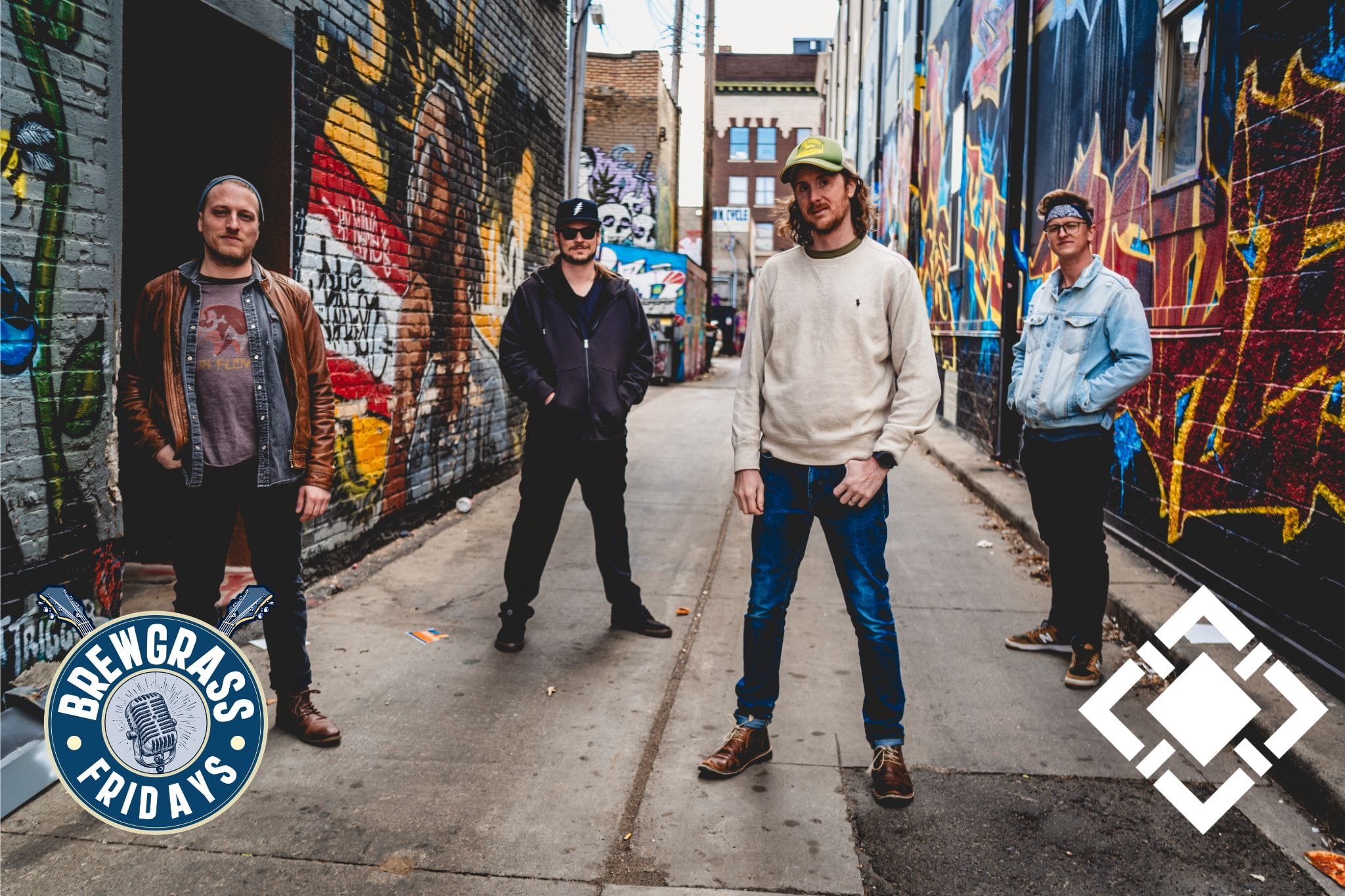 Four musicians pose in an urban alley adorned with colorful graffiti, promoting Brewgrass Fridays.