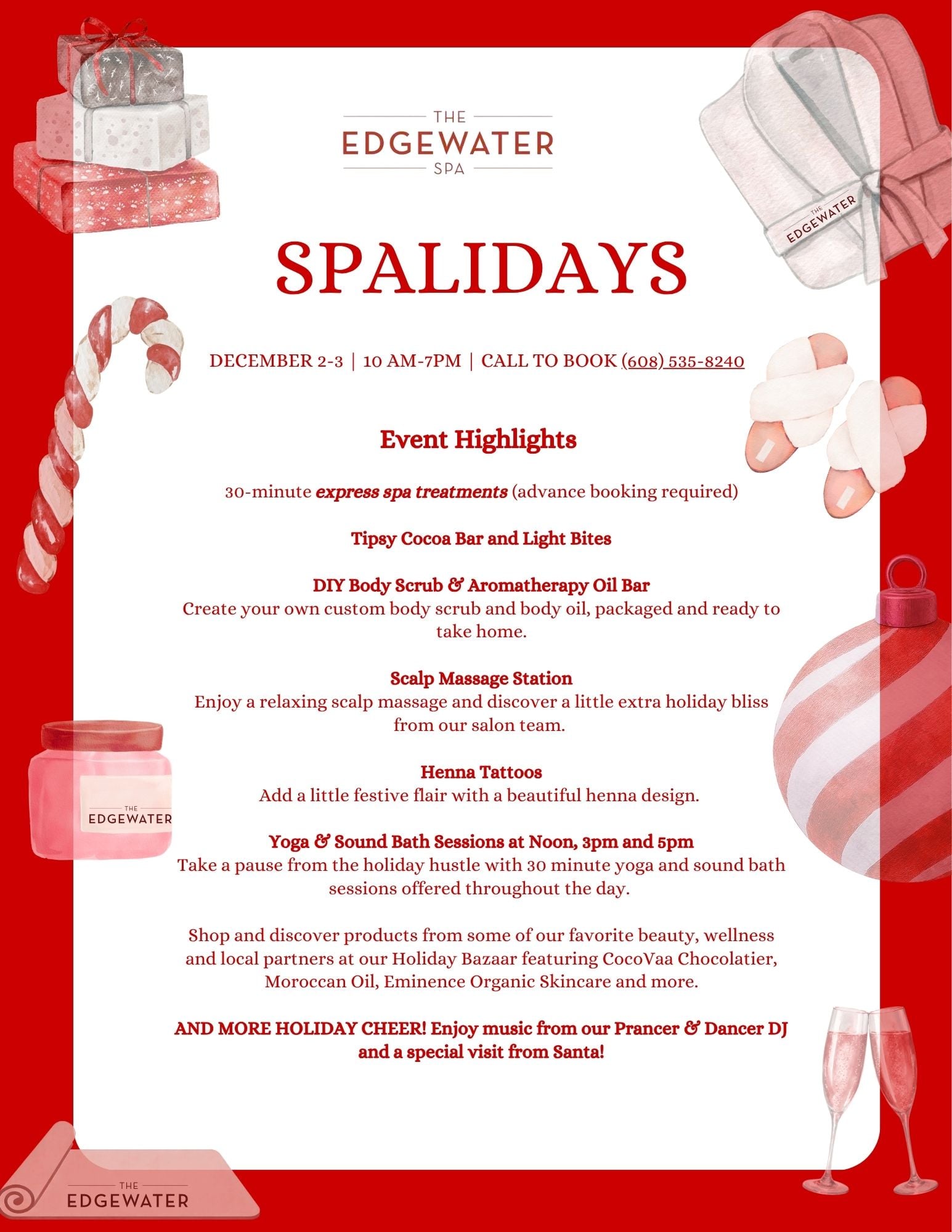 Edgewater Spa "Spalidays" event flyer with holiday graphics.