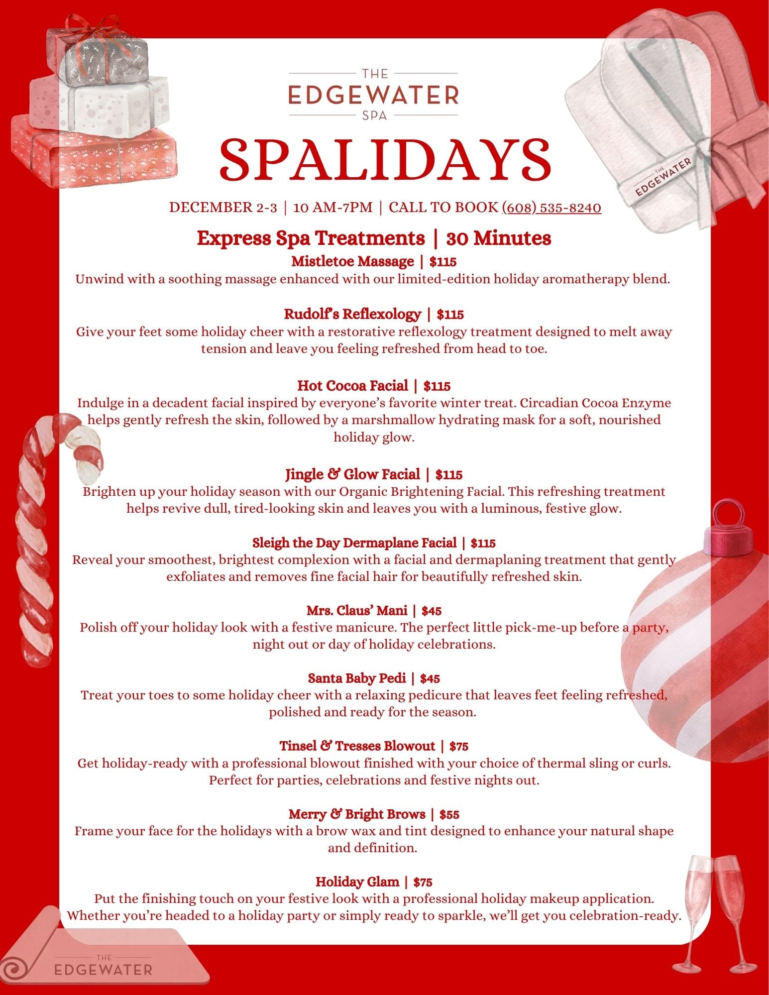 Edgewater Spa's "Spalidays" event flyer with holiday treatments.