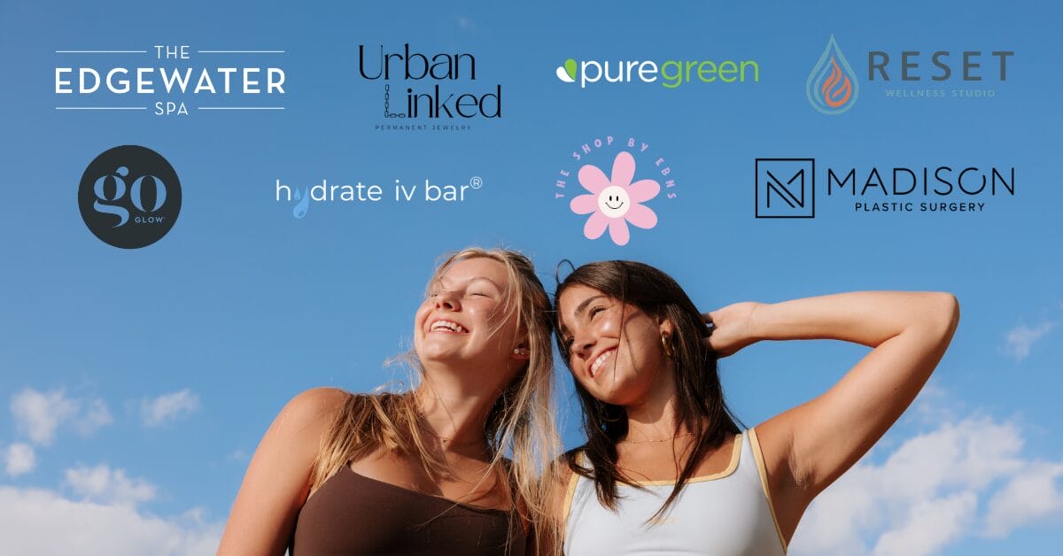 Two smiling women against a blue sky with multiple brand logos.